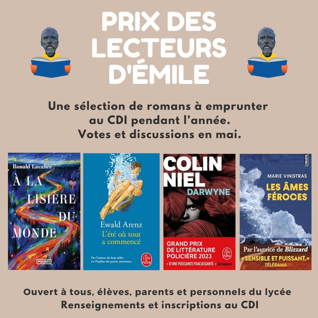 Le prix littéraire du lycée, ouvert à tous, élèves, personnels et parents. Une sélection de 4 romans à lire à votre rythme, Votes et discussions en mai.